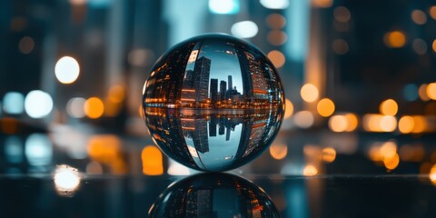 a cityscape at night, where the buildings are inverted in the crystal ball