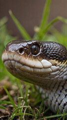 Obraz premium Close-Up of Snake Head in Natural Habitat. Detailed close-up of a snake's head with textured scales and intense eyes, set in a natural outdoor environment. 