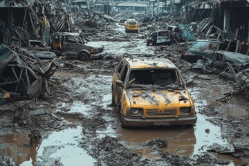 Once vibrant, the urban landscape is now devastated and desolate, covered in mud with abandoned vehicles scattered among the wreckage, haunting reminders of the chaos that followed the disaster