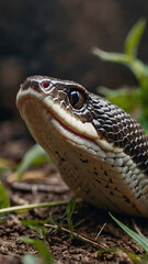 Close-Up of Snake Head in Natural Habitat. Detailed close-up of a snake's head with textured scales and intense eyes, set in a natural outdoor environment.
