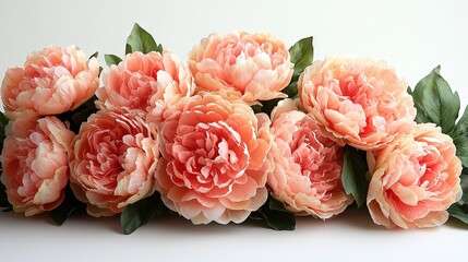  A group of pink peonies with leaves against a white background and a white wall in the background