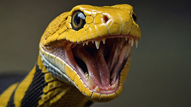 Close up portrait of a snake. Yellow python withared teeth, showcasing its mouth detailed wide scales open