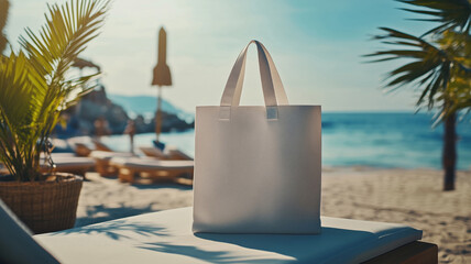 Obraz premium Empty white blank tote bag with free copy space on the beach
