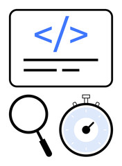 Coding tags on a screen magnifying glass stopwatch. Ideal for programming, development, debugging, performance, analysis, coding, speed optimization. Line metaphor