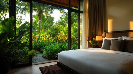 Fototapeta premium Serene bedroom with large windows overlooking a lush green garden.