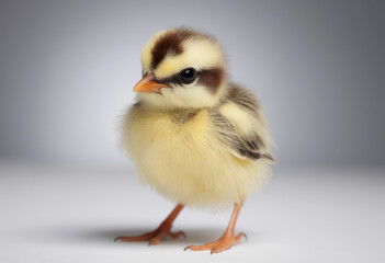 Fluffy baby chick standing on white background. Animal photography isolated on a white background.