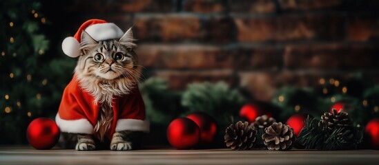 Sitting cat dressed in Christmas costume with red glass balls and pine cones