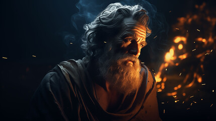 Portrait of Ancient Greek Philosopher in Firelight and Smoke