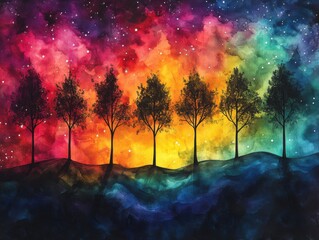Painting of a colorful sky with trees and stars