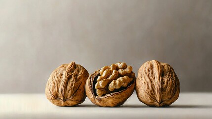   A cluster of walnuts resting atop a table beside a cerebrum-shaped slice of bread