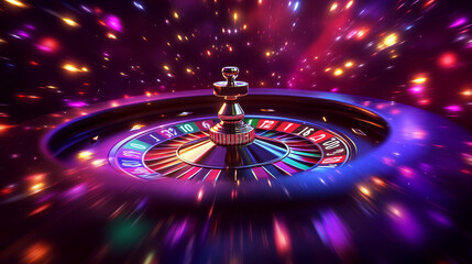 Roulette wheel in motion, surrounded by colorful lights. Concept of chance, gambling, and excitement.