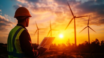 A worker in a hard hat and safety vest analyzes data with wind turbines silhouetted against a vibrant sunset sky.
