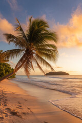 Fototapeta premium Golden hour on a tropical island beach. Tropical beach travel photography wallpaper.