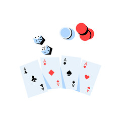 Playing Cards With Dice And Poker Chips In Flat Vector Illustration Symbolizing Gambling, Recreation, And Strategy, Isolated On White Background