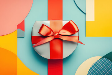 A colorful gift box with a red ribbon is centered on a vibrant background of geometric shapes in various colors.