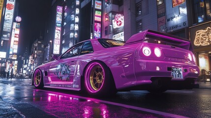 Pink sports car with neon lights driving through a city at night.