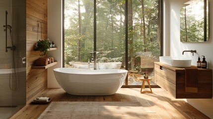 Fototapeta premium A modern bathroom with a white bathtub, wooden floors, and a large window overlooking a lush forest.