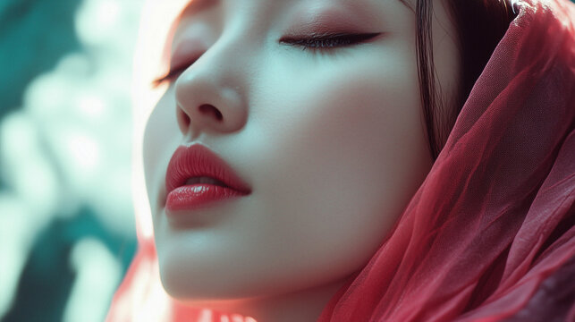 A serene portrait of a woman with a pink veil basking in soft natural light, evoking tranquility and beauty in a lush garden