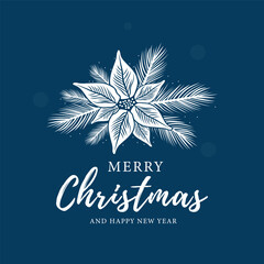 Elegant blue Christmas background with a white poinsettia flower, for creating holiday cards, invitations, or as a design element for various holiday projects.