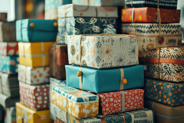 Fototapeta premium A colorful stack of beautifully wrapped gift boxes arranged in an appealing display, perfect for celebrations and special occasions.