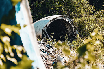 Fototapeta premium Abandoned aircraft fuselage overgrown with vegetation in a remote area
