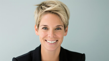 Professional headshot of a cheerful young businesswoman in a sleek office setting, exuding confidence and talent.