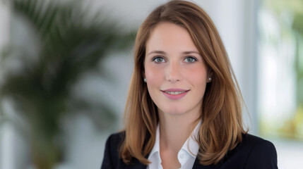Fototapeta premium A poised businesswoman in a sleek office, showcasing confidence and professionalism in her tailored suit.