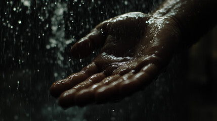 Fototapeta premium A tranquil hand catching raindrops in a serene moment under a gentle shower at dawn