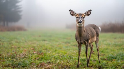 A young deer stands in a foggy meadow, exuding a serene and curious presence amidst the soft green landscape.