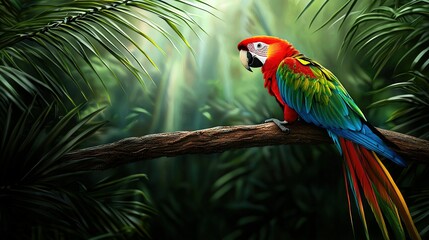 Obraz premium A colorful parrot perched on a palm tree in a tropical area with lush green foliage in the background