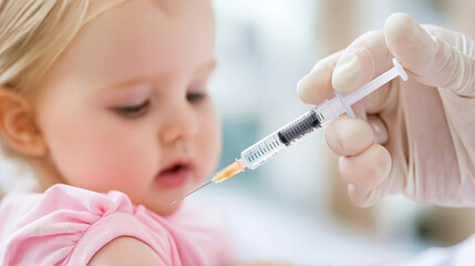 Naklejka premium Baby Receiving Vaccination Close Up of Syringe and Child s Arm