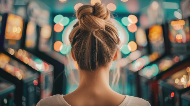 A young woman enjoys a blast from the past at a retro arcade, immersed in vintage pinball and classic games.