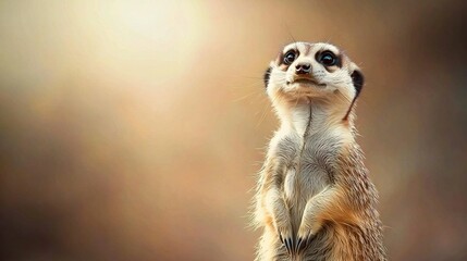   A meerkat on hind legs, with front paws on the ground, gazing skyward