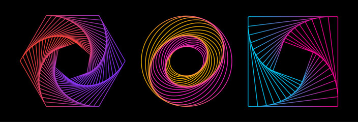 Set of colored twisted spirals. Twisted wireframe tunnels of different shapes: hexagon, circle, square isolated on a dark background. Design element. Swirlings. Logo.