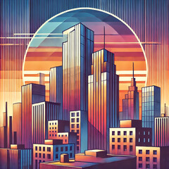 Abstract Urban Rooftop Sunset with Stylized Skyscrapers