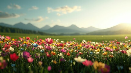 Fototapeta premium A vibrant field of colorful flowers under a sunny sky, with mountains in the background, creating a serene and picturesque landscape.