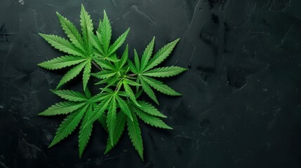 Lush green cannabis leaves showcase their vibrant color against a dark backdrop, emphasizing their medicinal properties.