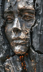 Image with a serene face carved from blackwood, surrounded by ancient trees, reflecting the rich culture and history of Asia.