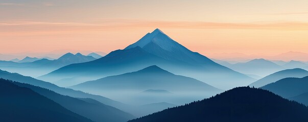 A serene mountain landscape at dawn, with layers of blue hills under a soft, colorful sky.