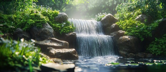 Serene waterfall cascading over rocks in a lush, green forest.