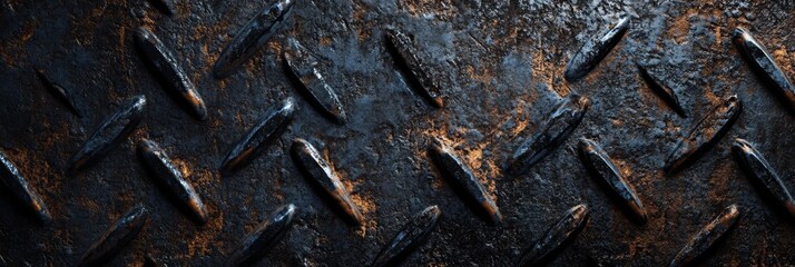 A closeup of dark, grungy diamond plate metal with a textured surface, showcasing rust, grime, and industrial strength