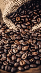 A close-up of roasted coffee beans scattered on burlap, highlighting their rich brown texture and inviting aroma.