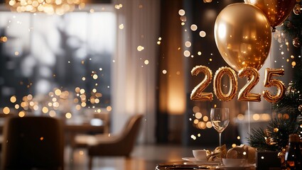 A Festive 2025 Celebration: Effervescent Gold Balloons and Romantic Table Setting Exude Elegance in a Beautifully Decorated Space, Illuminated with Dazzling Lights and Joyful Atmosphere