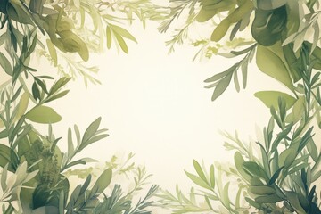 Fototapeta premium Subtle and calming botanical frame in watercolor style, featuring soft green sage and rosemary leaves, ideal for natural and elegant designs..
