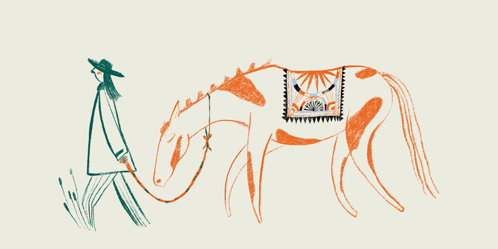Rustic Desert Journey Illustration with Woman and Horse