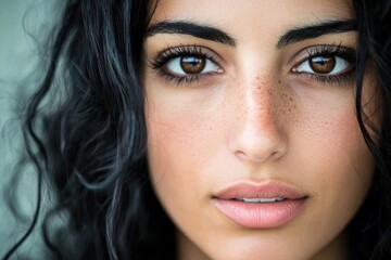 Close-up portrait of a young woman with curly hair and expressive eyes.