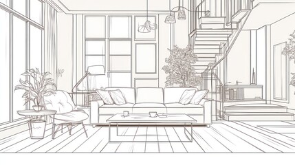 A minimalist line drawing of a modern living room with stairs and plants.