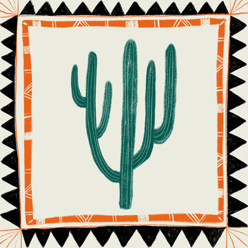 Minimalist desert cactus illustration with tribal border