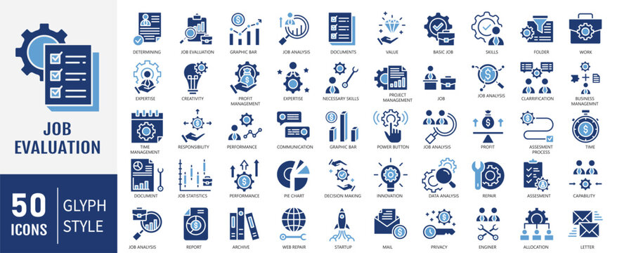 Job evaluation solid icon set. Containing icons: analysis, business, systematic, value, organization, gathering information and more. Vector illustration.