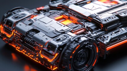 Fototapeta premium A futuristic vehicle model with intricate details and glowing orange accents.
